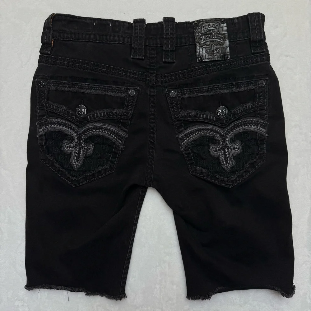 Rock Revival Mens Jean Shorts Size 32 Black Lorenzo Jorts Distressed Embroidery - Picture 3 of 14